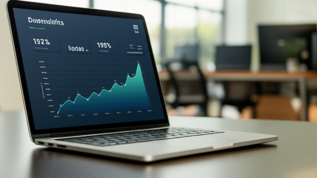 A sleek analytics dashboard on a laptop screen showing rising charts and positive KPIs.